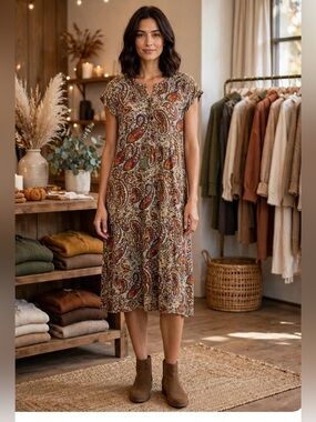 Democracy Paisley Cap Sleeeve Dress Shift Dress Size L Boho Fall